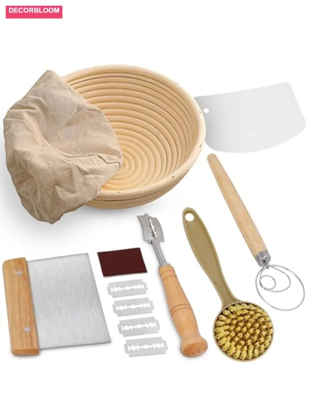 Round 9-inch Banneton Bread Proofing Basket Set with Lame, Dough Scraper, Linen